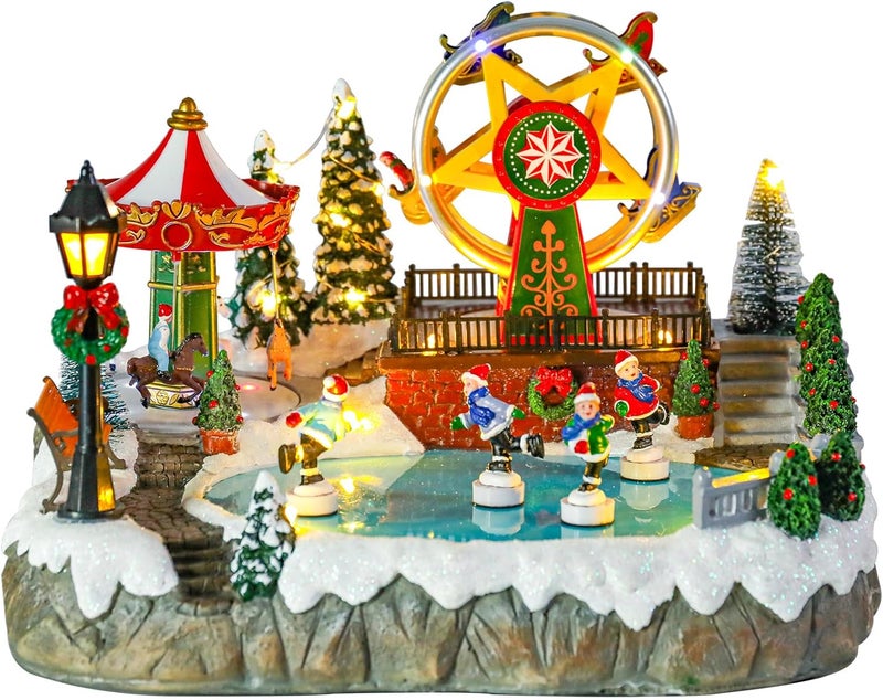 Bdor Christmas Village Lighted Decoration with Carousel, Ferris Wheel, Skaters | 11.4 x 10.4 x 7.7 Inches Animated Holiday Scene with Music & LED Lights for Indoor Home Décor - Image 1